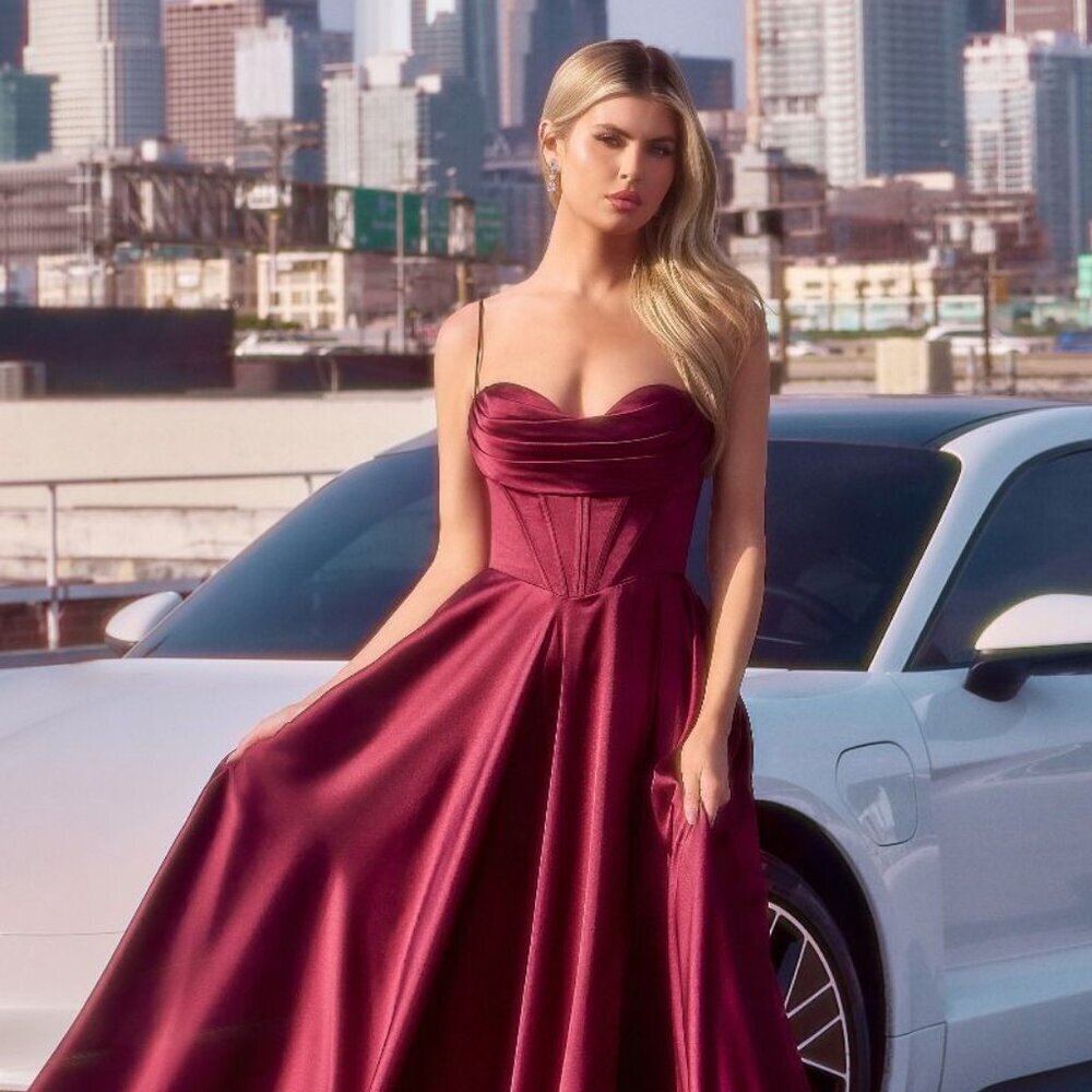 NEW FORMAL A-LINE SOFT SATIN DRESS W/ SPAGHETTI STRAPS & LACE UP BACK 7481